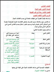 حل درس التكيف البنيوي علوم الصف الخامس الفصل الأول