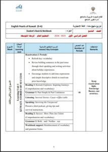 خطة وتوزيع منهج لغة انجليزية الصف التاسع الفصل الأول