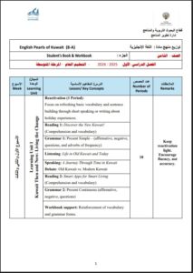 خطة وتوزيع منهج لغة انجليزية الصف الثامن الفصل الأول