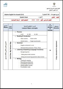 خطة وتوزيع منهج لغة انجليزية الصف الثاني الفصل الأول