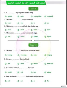 اختبارات قصيرة قواعد لغة انجليزية الصف التاسع الفصل الأول